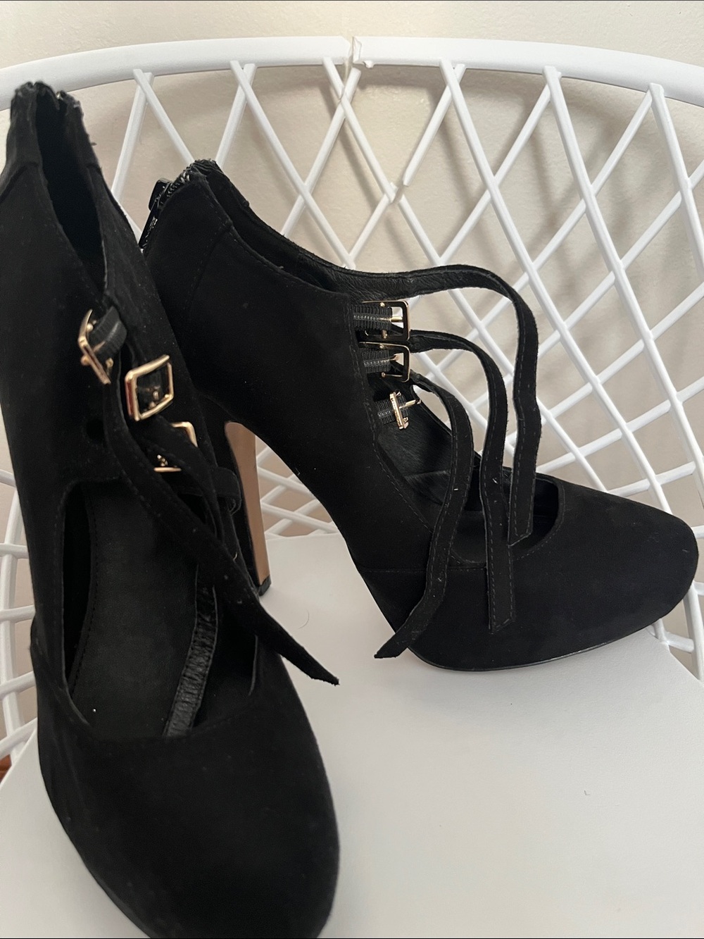 Aldo Black Strappy High Heel Pumps with Gold Buckles